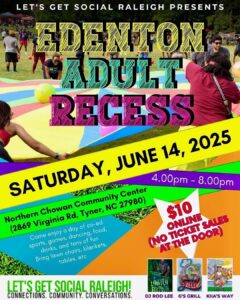 Colorful flyer for Denton Adult Recess on June 14, 2025.