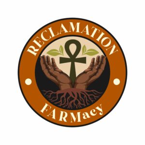 Logo of Reclamation Farmacy with hands holding an ankh symbol.